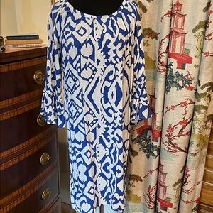 Women's Blue and White Printed Bell Sleeve Dress